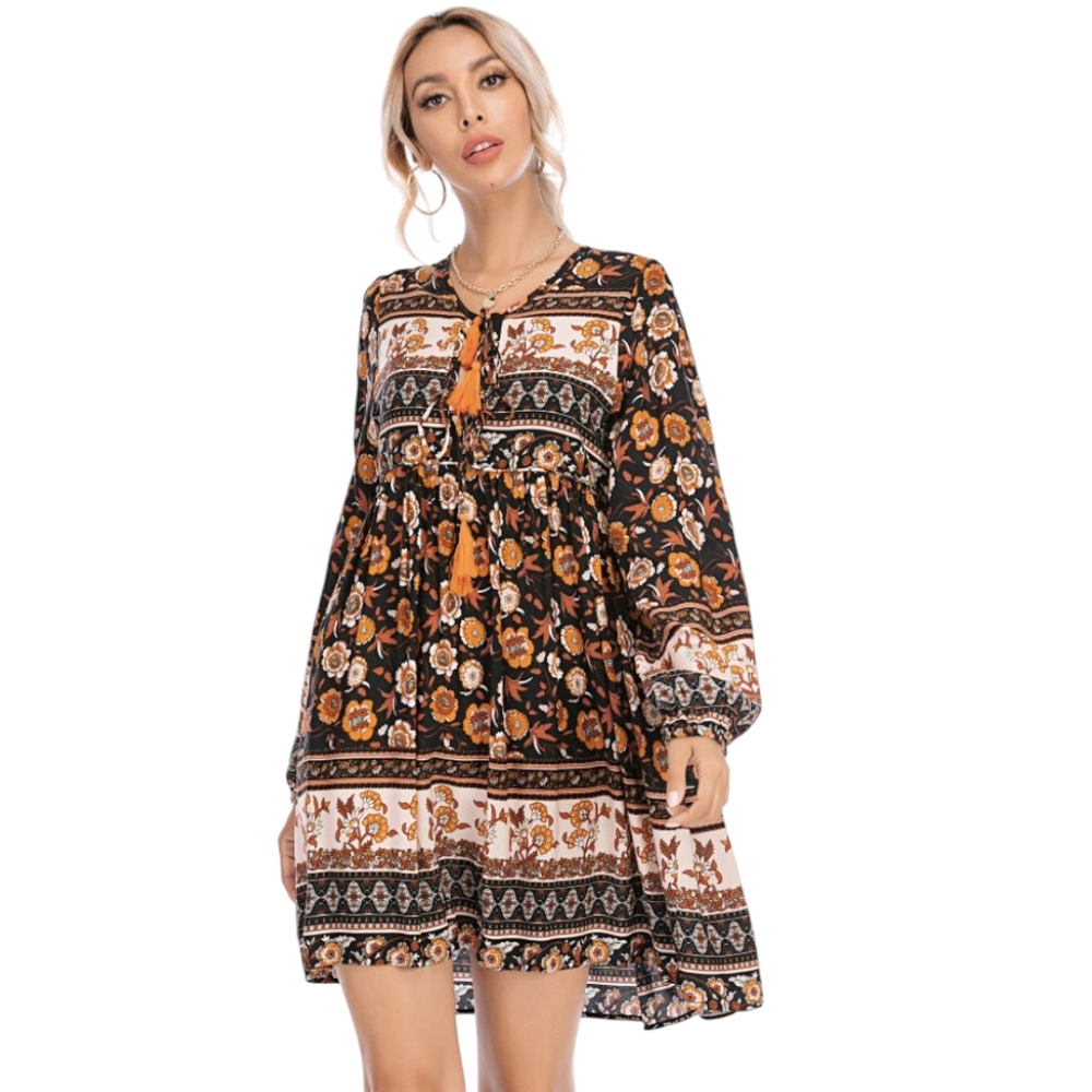 R.Vivimos Floral Bohemian Dress - Black and Orange Peasont Dress Size largey